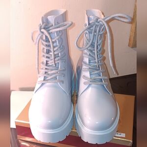 Women's ASOS Baby Blue Rubber Combat Boots with Glossy Finish Thick Sole SIZE 9
